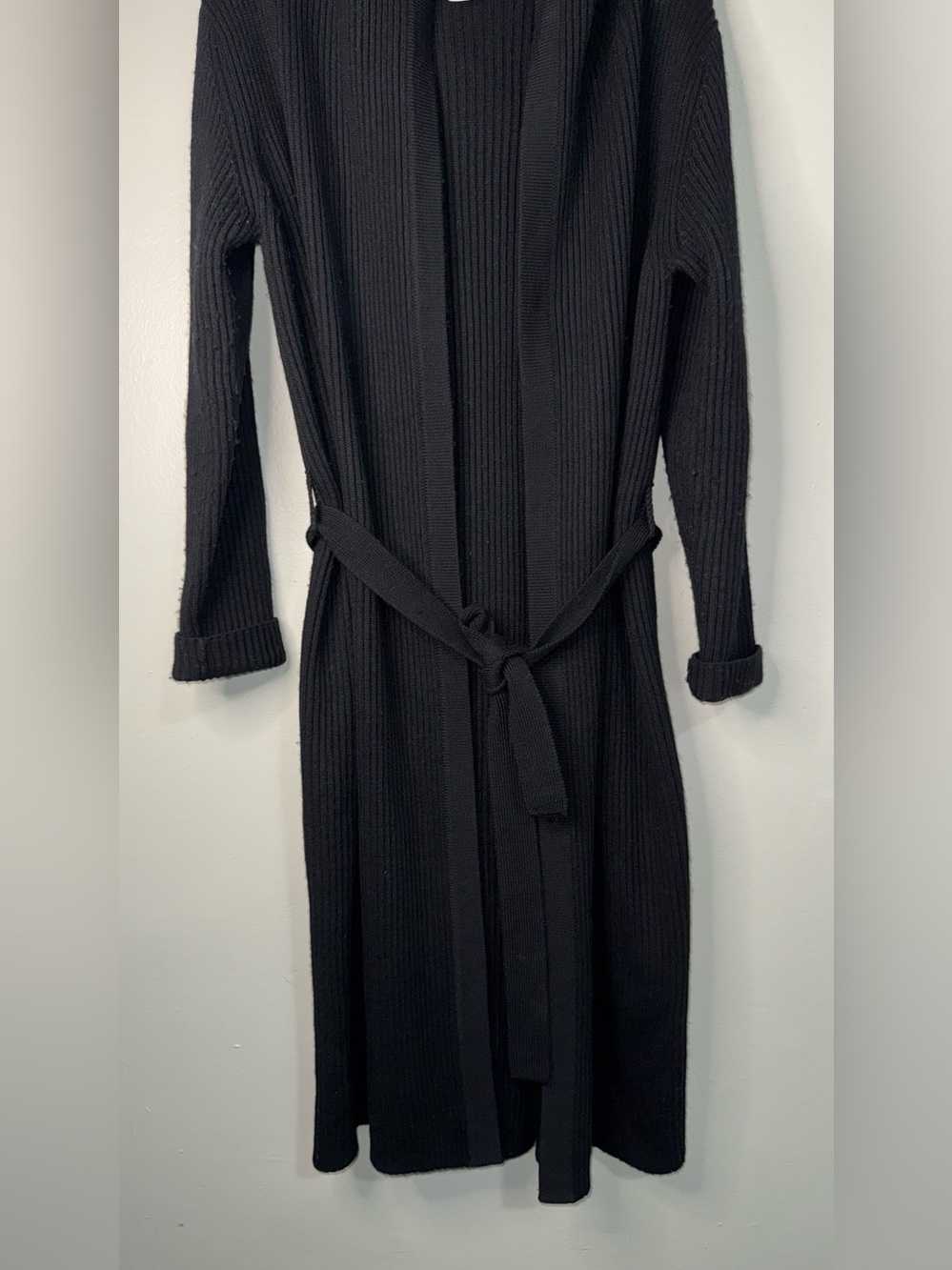 J. Crew 100% Black Ribbed Hooded Long Cardigan with Tie Belt - Picture 4 of 10